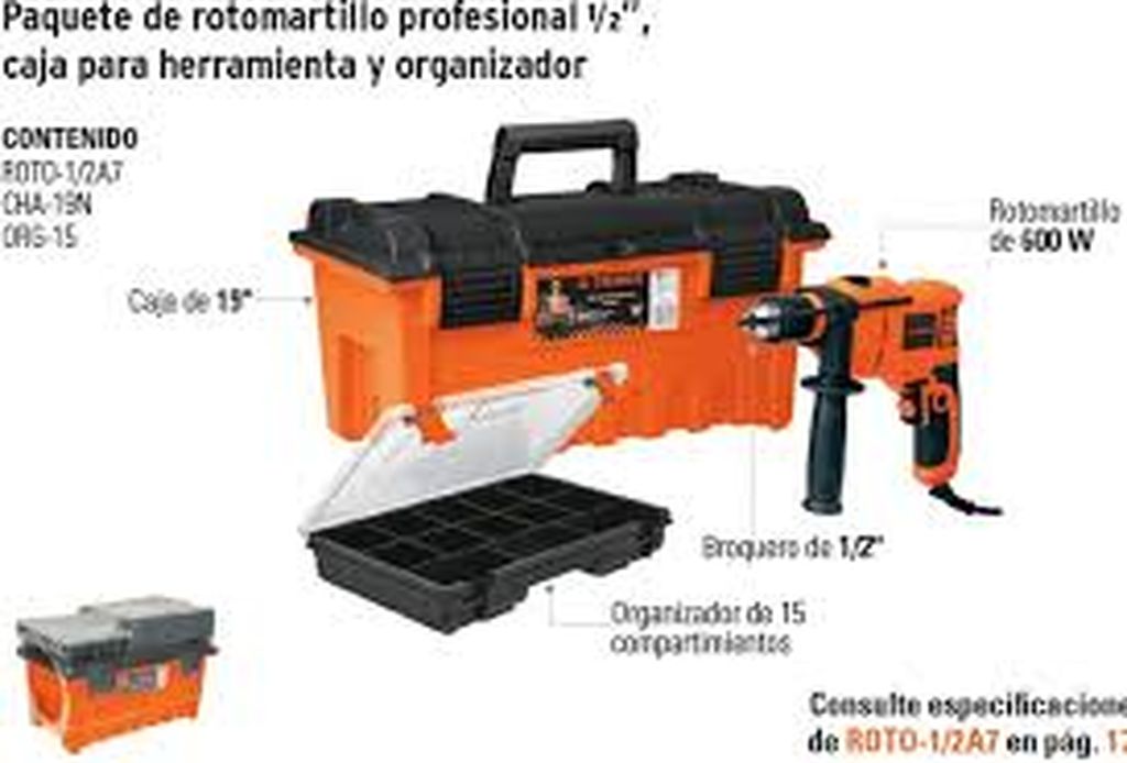 Rotomartillo 1/2' 650 W, caja para herramienta y organizador COMBO-100, 10884