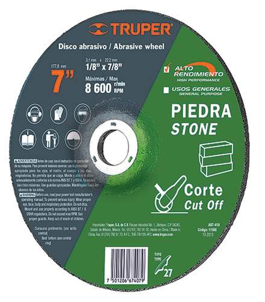 Disco Tipo 42 de 7' x 3.2 mm para corte de piedra, Truper ABT-418, 11566