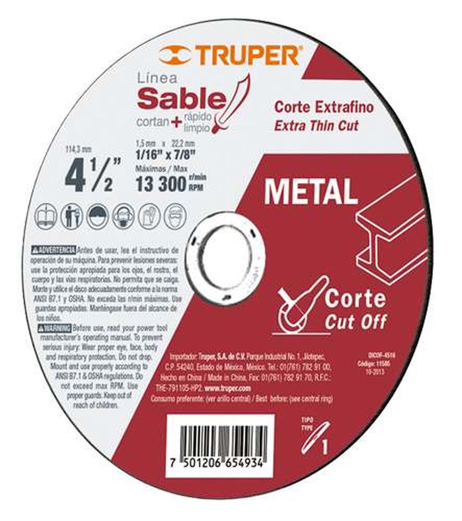 Disco Tipo 41 de 4-1/2' x 1.6 mm corte fino de metal, Sable DICOF-4516, 11585