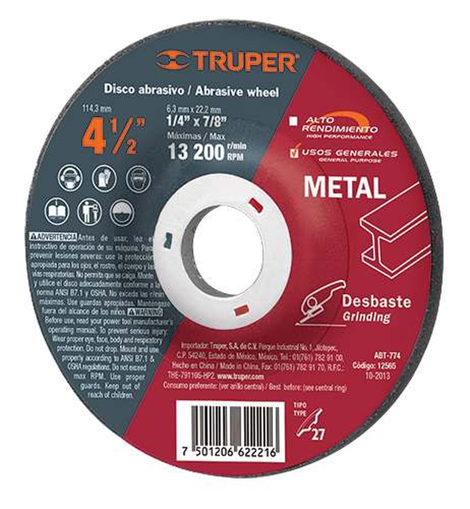 Disco Tipo 27 de 4-1/2' x 6.4 mm para desbaste de metal ABT-774, 12565