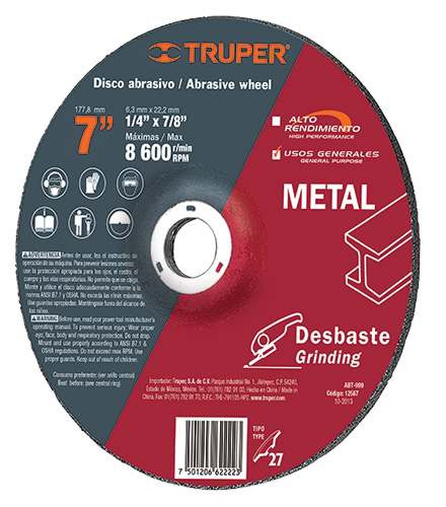 Disco Tipo 27 de 7' x 6.4 mm para desbaste de metal, Truper ABT-999, 12567