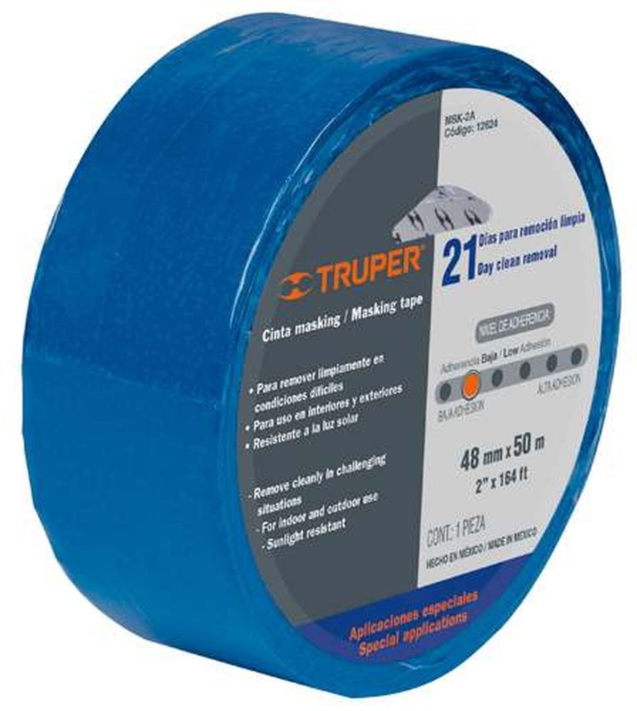 Cinta masking tape azul de 1' x 50 m para pintor, Truper MSK-1A, 12622