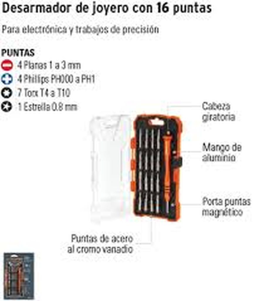 Desarmador de precisión con 16 puntas intercambiables JOY-17, 14159