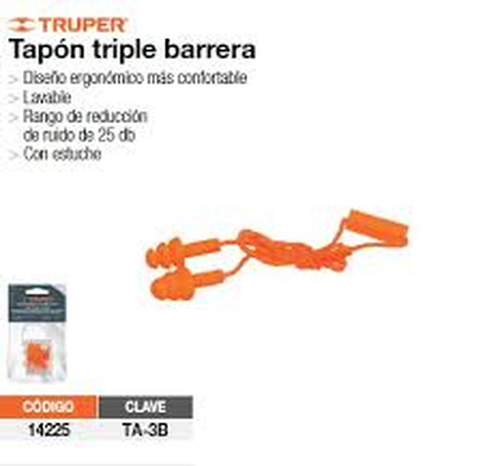 Tapón auditivo reutilizable triple barrera con cordón TA-3B, 14225