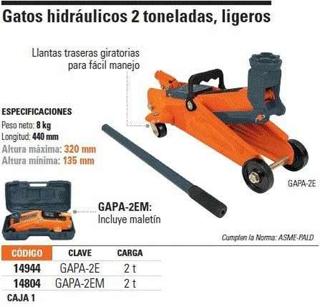 Gato de patín 2 ton de 30 movimientos con maletín, Truper GAPA-2EM, 14804