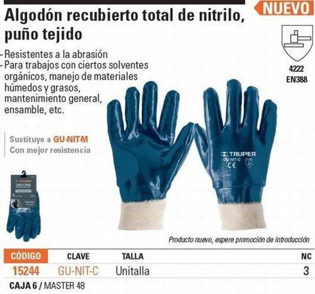 Guantes de algodón recubiertos de nitrilo puño tejido,Truper GU-835, 15244