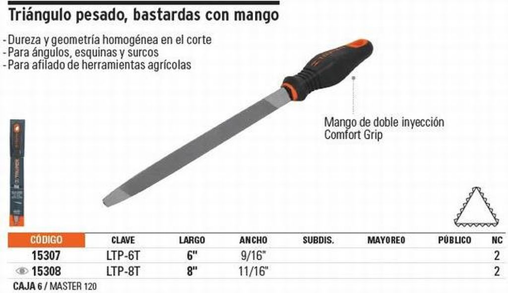 Lima triángulo pesado 6', 32 dpp con mango doble inyección LTP-6T, 15307