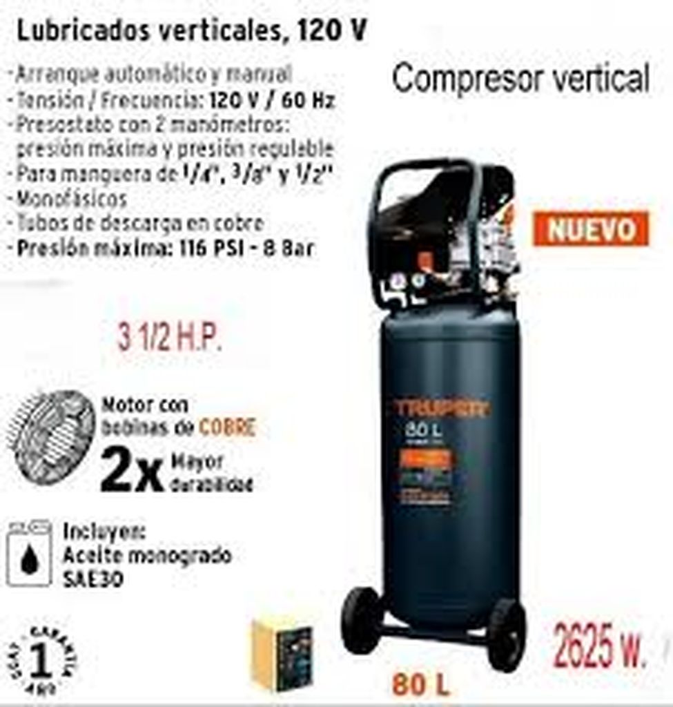 Compresor lubricado banda, vertical 80L, 3-1/2HP 127V Truper COMP-80LV, 15656