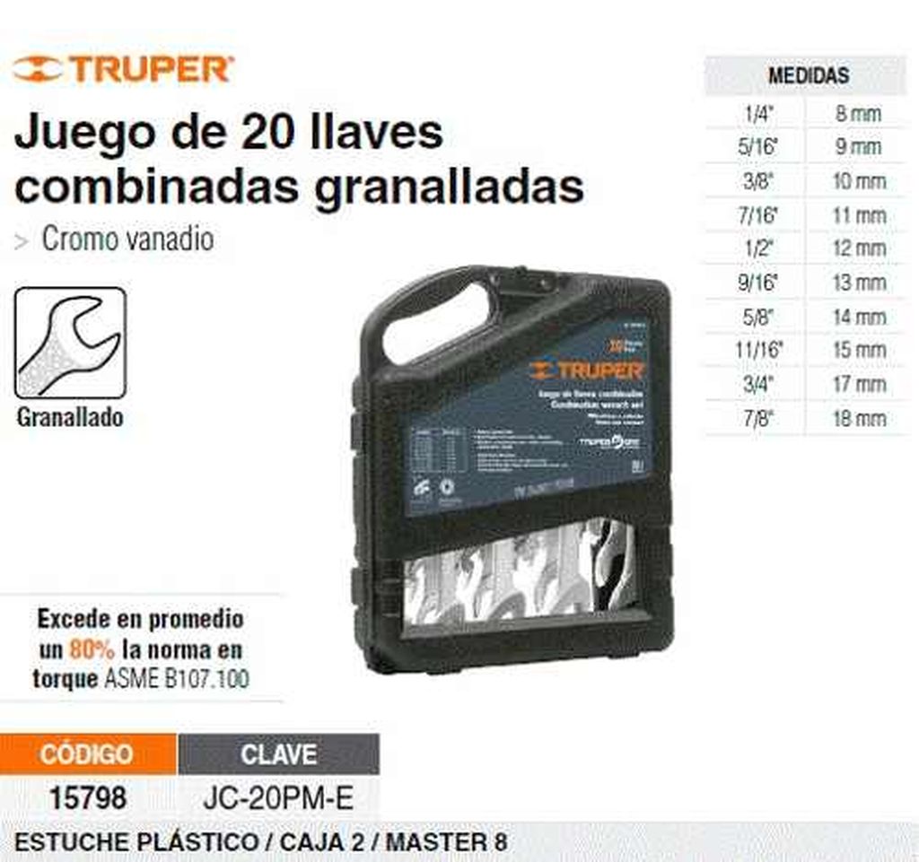 Juego de 20 llaves combinadas std y mm granalladas, Truper JC-20PM-E, 15798