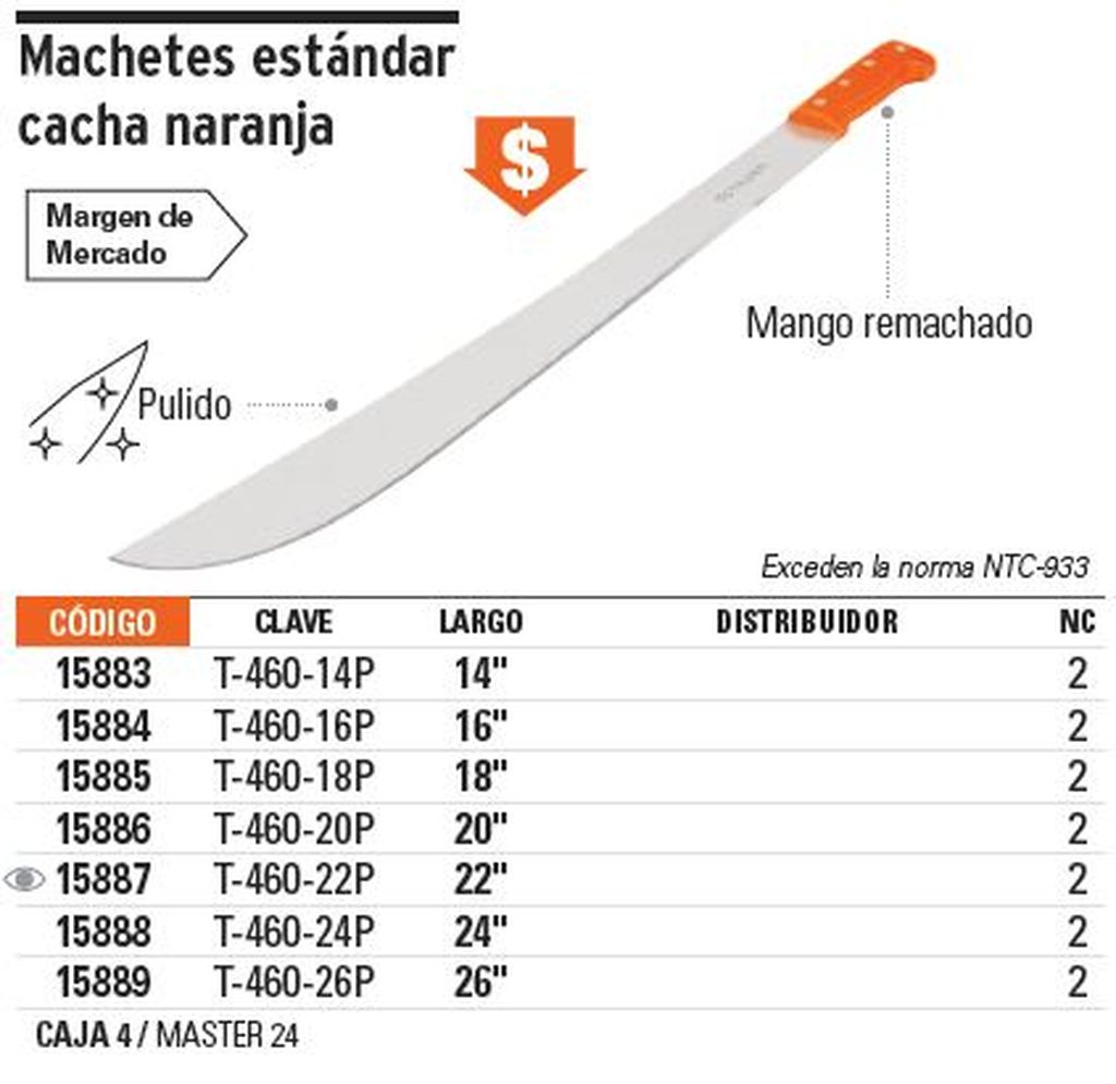 Machete estándar 16' cacha naranja remachada, Truper T-460-16P, 15884