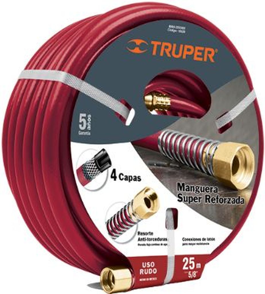 Manguera 5/8' super reforzada 4 capas 25 m conexiones metal MAN-25X5/8X, 16039