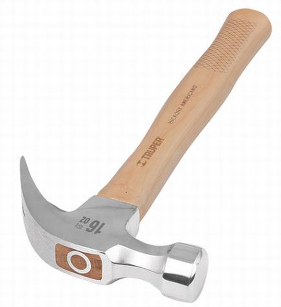 Martillo pulido 16 oz uña curva, mango hickory, Truper Grip MO-16, 16654