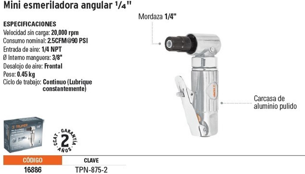 Rectificador neumático 1/4' angular, Truper TPN-875-2, 16886
