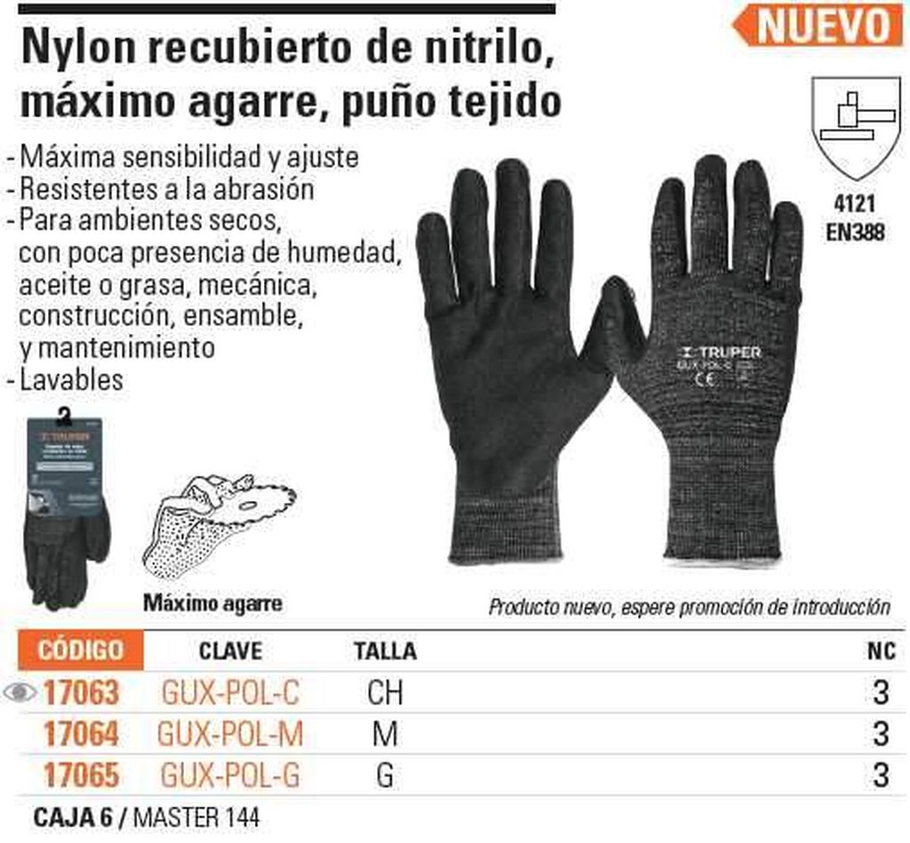 Guantes de nylon recubiertos de nitrilo arenoso, CH, Truper GU-131, 17063