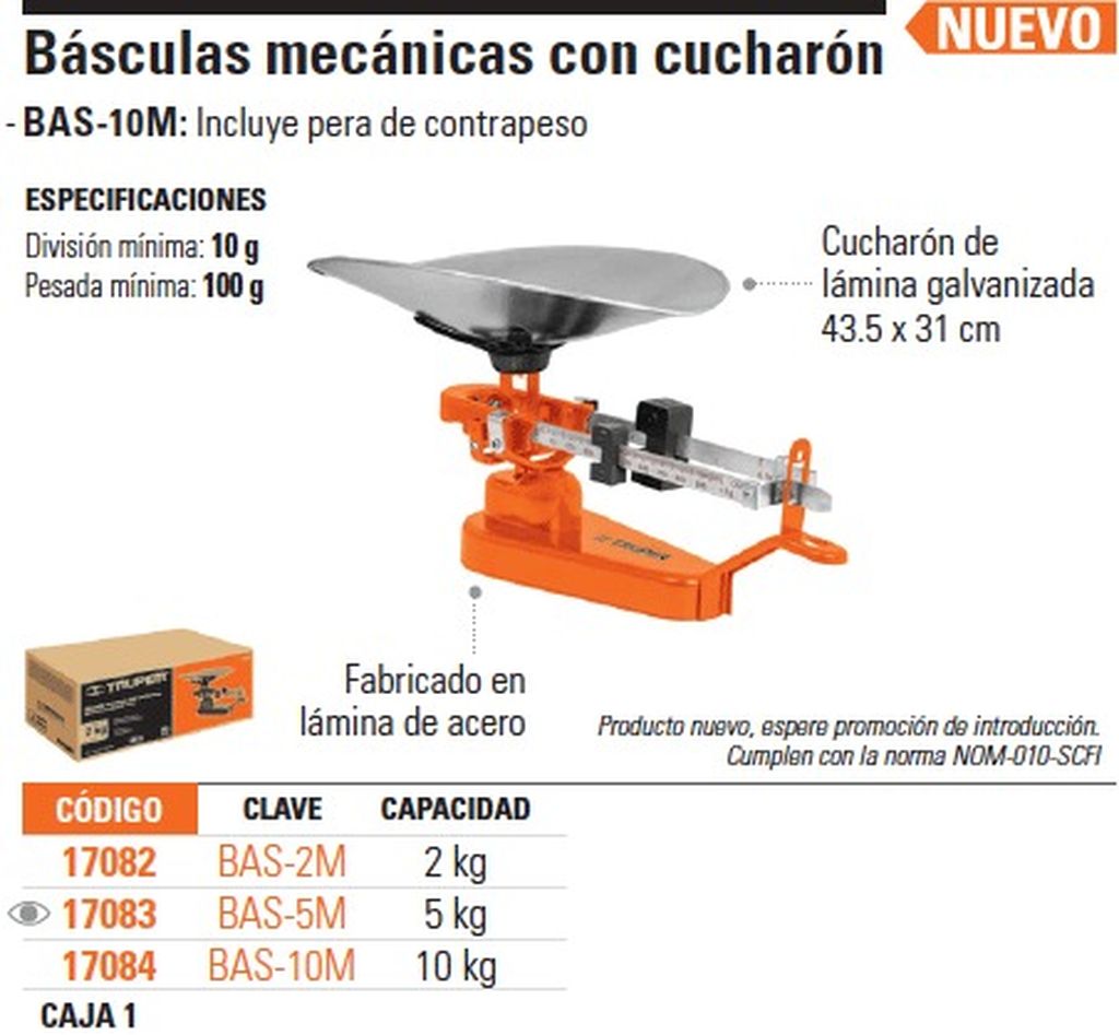 Báscula capacidad 5 kg mecánica con cucharón, Truper BAS-5M, 17083