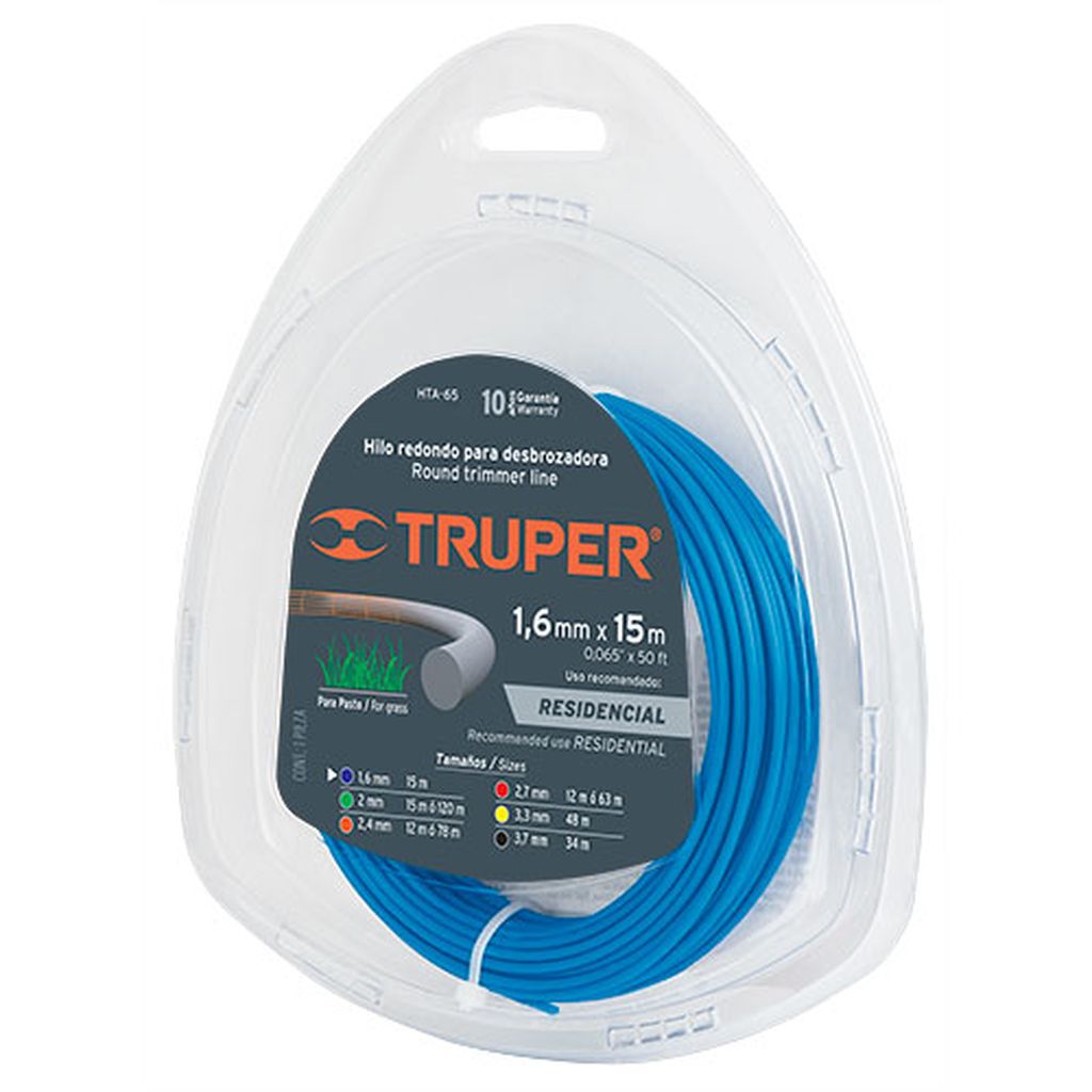 Rollo de hilo para desbrozadora, 1.6 mm x 15 m, Truper HTA-65, 17605