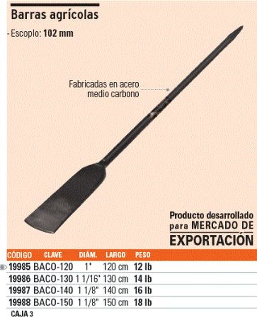Barra cavadora 1' x 130 cm, escoplo 102 mm, Truper BACO-130, 19986
