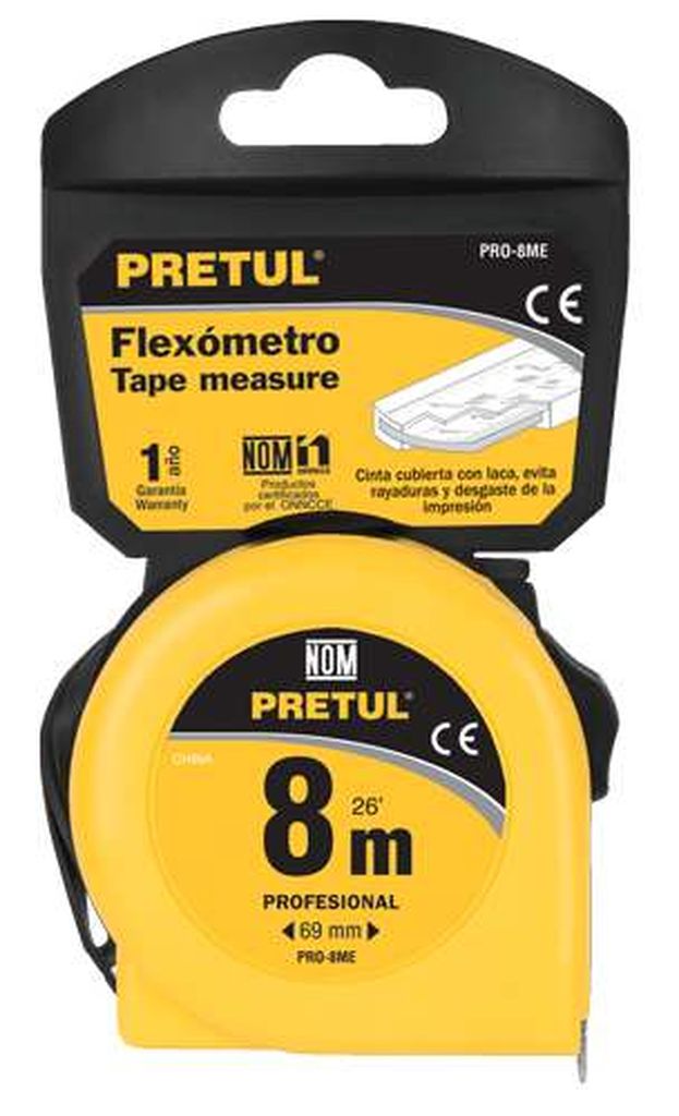 Flexómetro amarillo 8 m cinta 25 mm, en tarjeta, Pretul PRO-8ME, 21603
