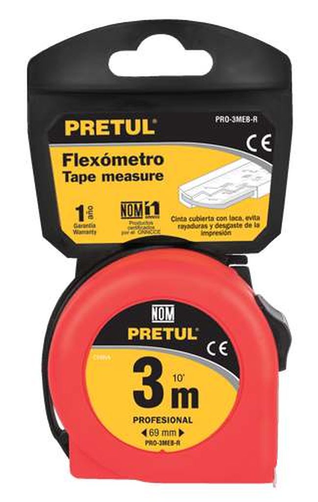 Flexómetro verde 3 m cinta 13 mm, en tarjeta, Pretul PRO-3MEB-R, 21611