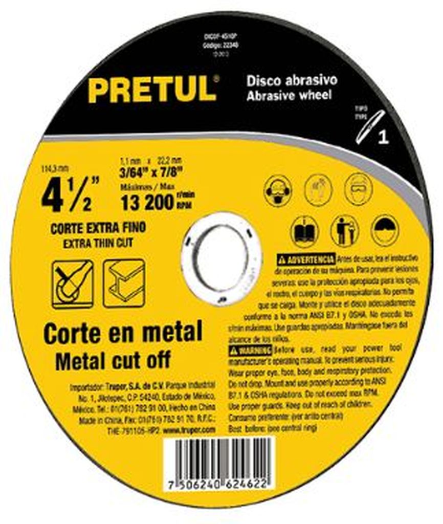 Disco Tipo 41 de 4-1/2' x 1 mm corte fino de metal, Pretul DICOF-4510P, 22348