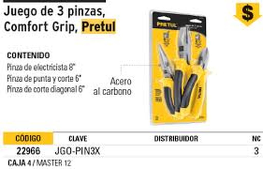 Juego de 3 pinzas 3 mango Comfort Grip, Pretul JGO-PIN3X, 22966