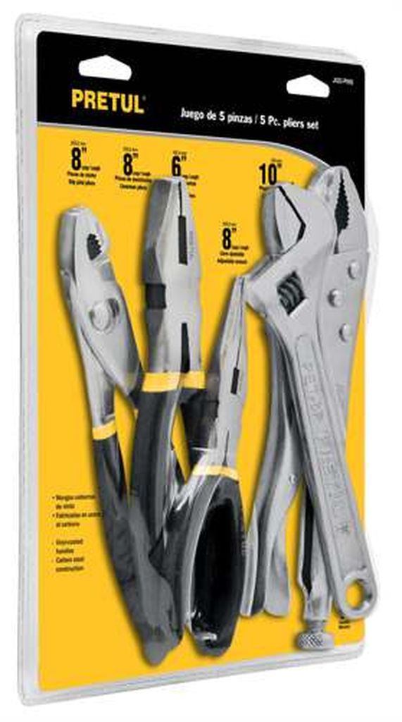 Juego de 4 pinzas y 1 llave ajustable mango de vinil, Pretul JGO-PIN5, 22971