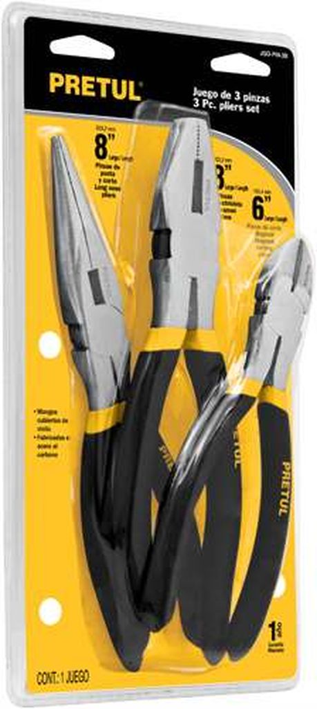 Juego de 2 pinzas de 8' y 1 de 6' mango de vinil, Pretul JGO-PIN-3B, 23975