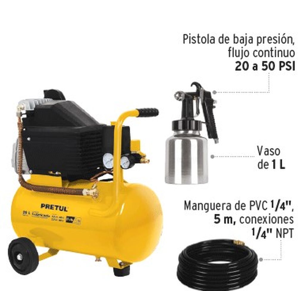Kit, compresor 20L, 2-1/2 HP,manguera PVC y pistola,Pretul COMP-KIT20P, 24357