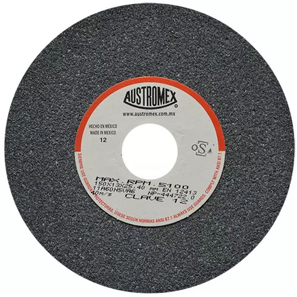 PIEDRA ABRASIVA T-1 6"X1/2"X1" G60 GRIS MEDIO USO GRAL-METAL-ESMERILAR-AFILAR-H.FORJ, AUSTROMEX