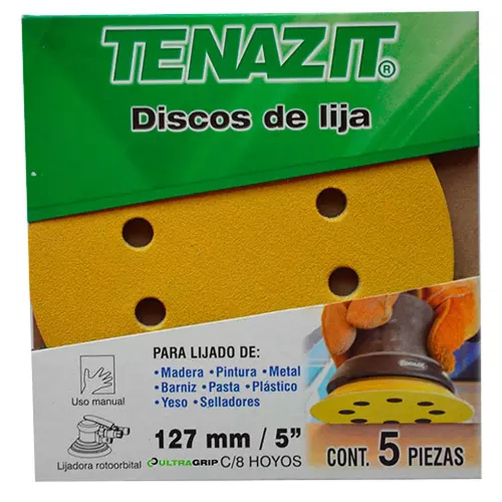 DISCO DE LIJA AUTOAD. 5" G120 C/VELCRO C/8 HOYOS USO GRL.(5PZAS), TENAZIT