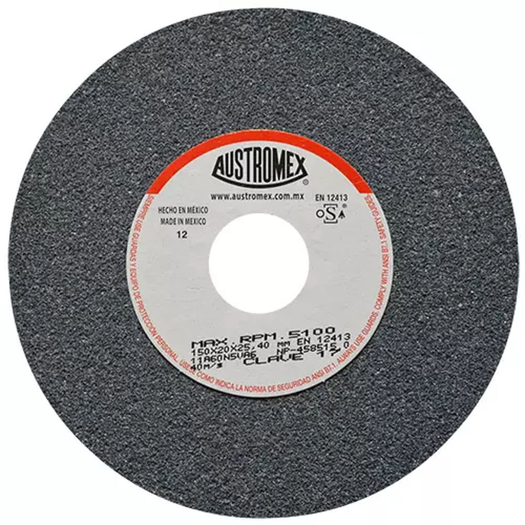 PIEDRA ABRASIVA T-1 6"X3/4"X1" G60 GRIS MEDIO USO GRAL-METAL-ESMERILAR-AFILAR-H.FORJ, AUSTROMEX