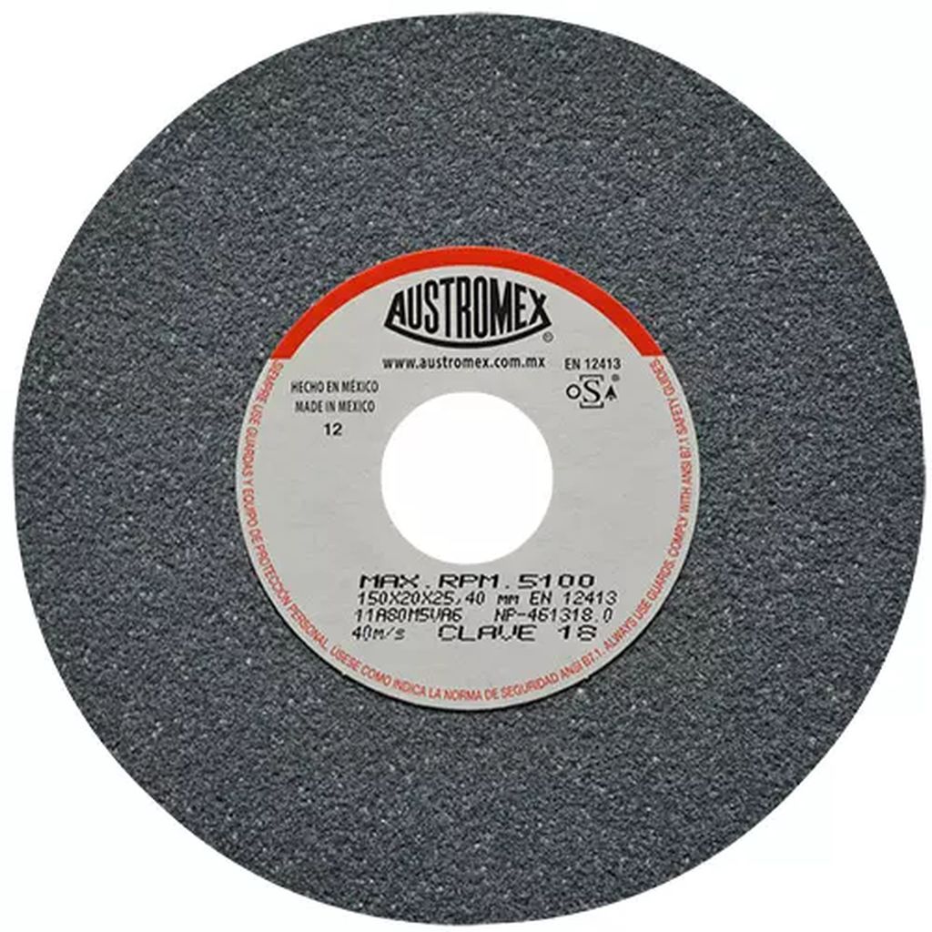 PIEDRA ABRASIVA T-1 6"X3/4"X1" G80 GRIS FINO USO GRAL-METAL-ESMERILAR-AFILAR-H.FORJ, AUSTROMEX