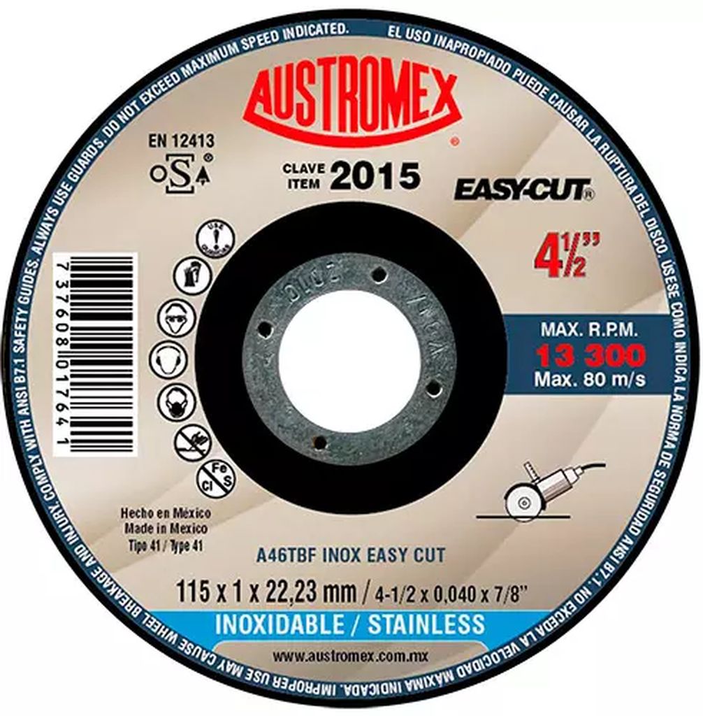 DISCO PARA CORTE DE ACERO INOXIDABLE 4.1/2"X3/64"X7/8" (EASY-CUT), AUSTROMEX
