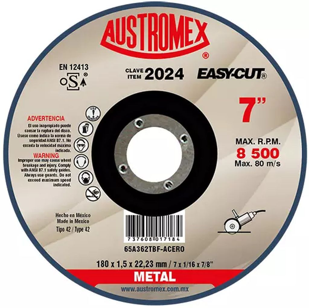 DISCO PARA CORTE DE METAL 7"X1/16"X7/8" TIPO 42 SUPER PRECISO (EASY-CUT), AUSTROMEX