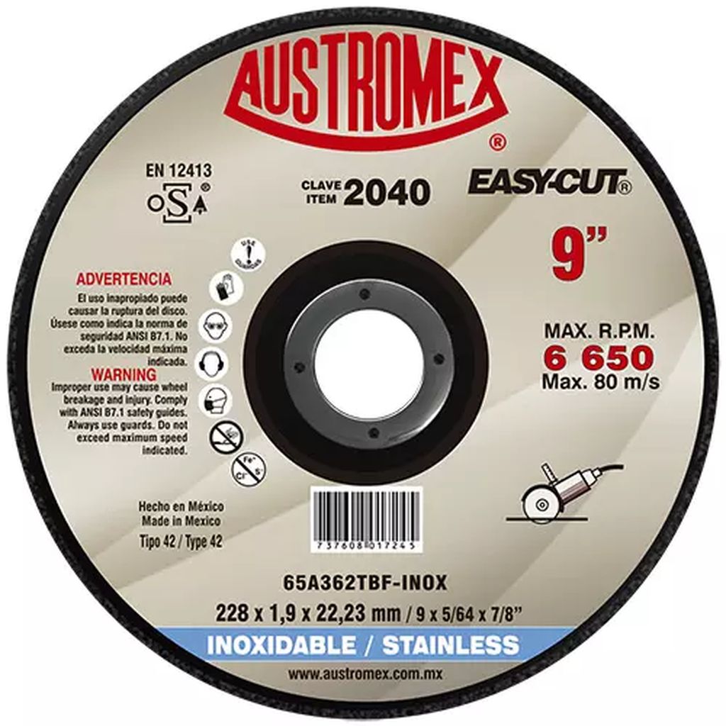 DISCO PARA CORTE PRECISO DE ACERO INOXIDABLE 9"X5/64"X7/8" TIPO 42 (EASY-CUT), AUSTROMEX