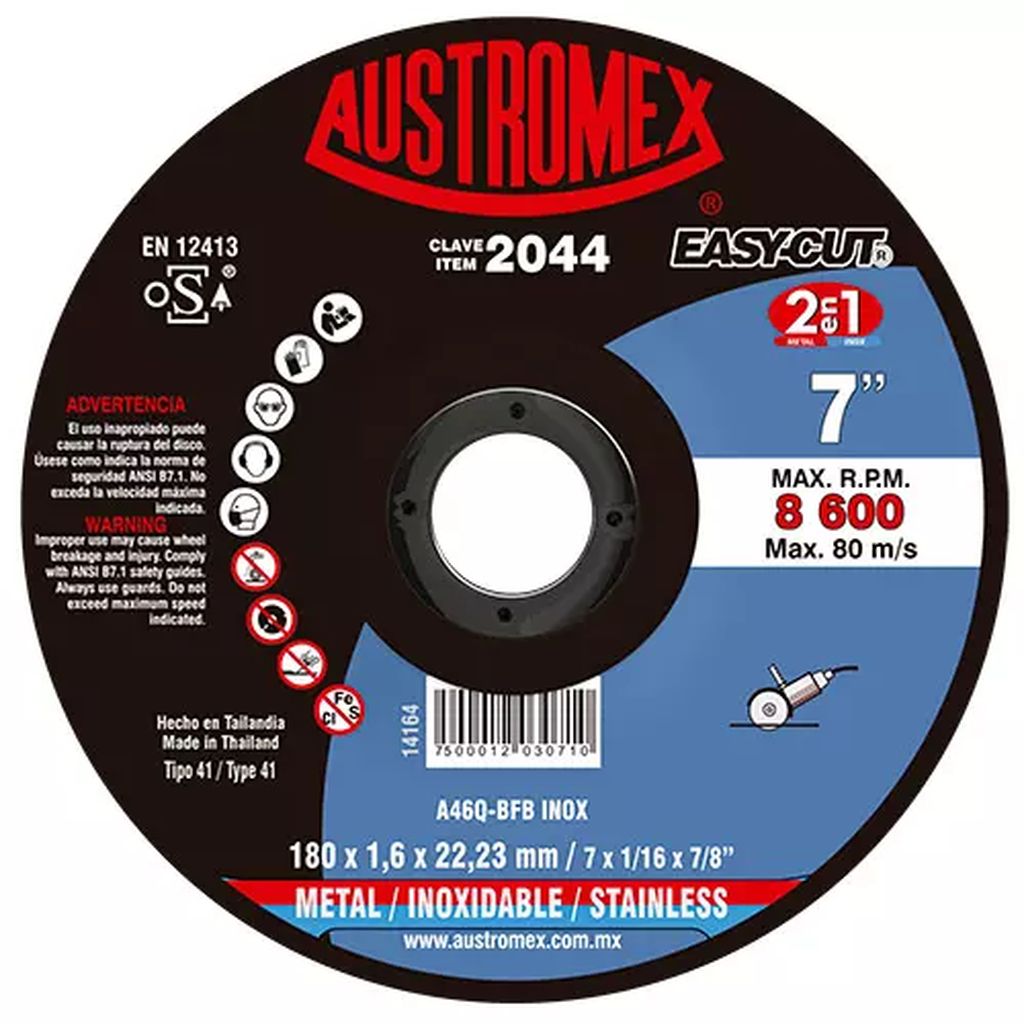 DISCO PARA CORTE DE METAL Y ACERO INOXIDABLE 7"X1.6MMX7/8", AUSTROMEX