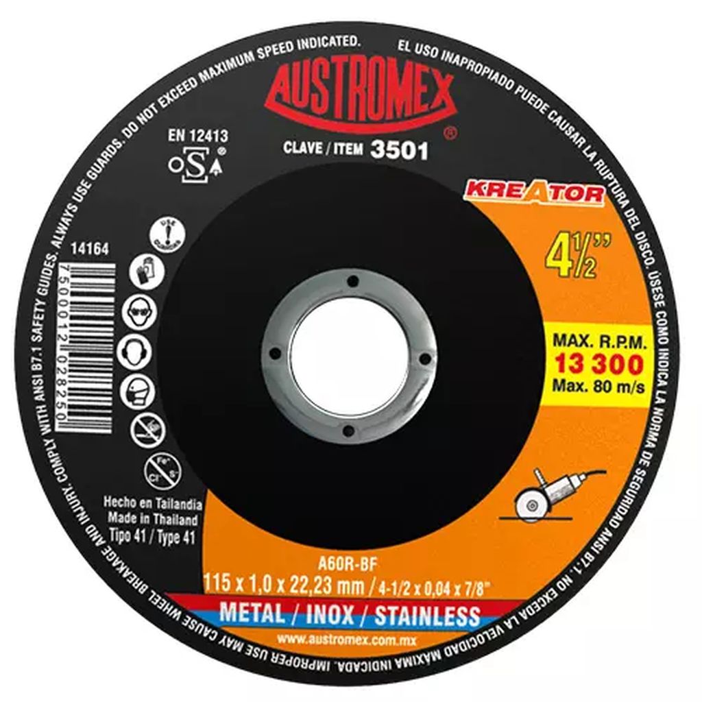 DISCO PARA CORTE DE METAL Y A. INOX 4.1/2"X1MMX7/8" SUPER DELGADO (KREATOR), AUSTROMEX