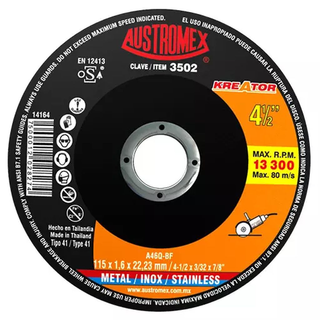 DISCO PARA CORTE DE METAL Y A. INOX 4.1/2"X1.6MMX7/8" SUPER DELGADO (KREATOR), AUSTROMEX