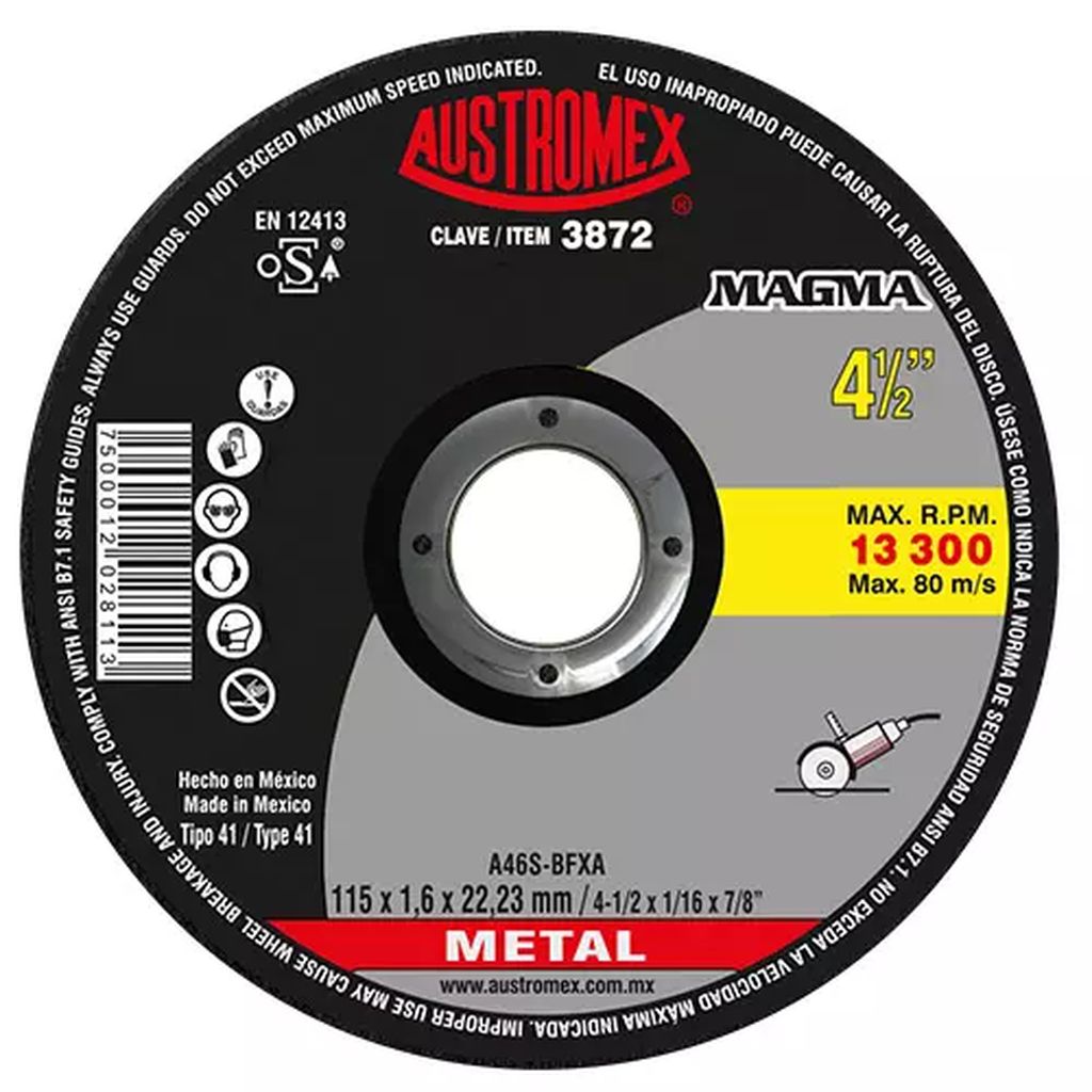 DISCO PARA CORTE DE METAL 4.1/2"X1.6MMX7/8" SUPER DELGADO (MAGMA), AUSTROMEX