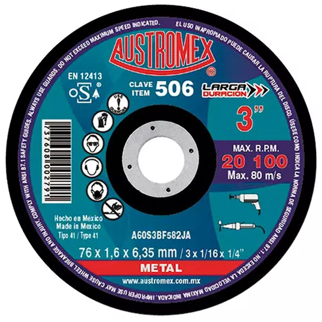 DISCO PARA CORTE DE METAL 3"X1/16"X1/4" LARGA DURACION, AUSTROMEX