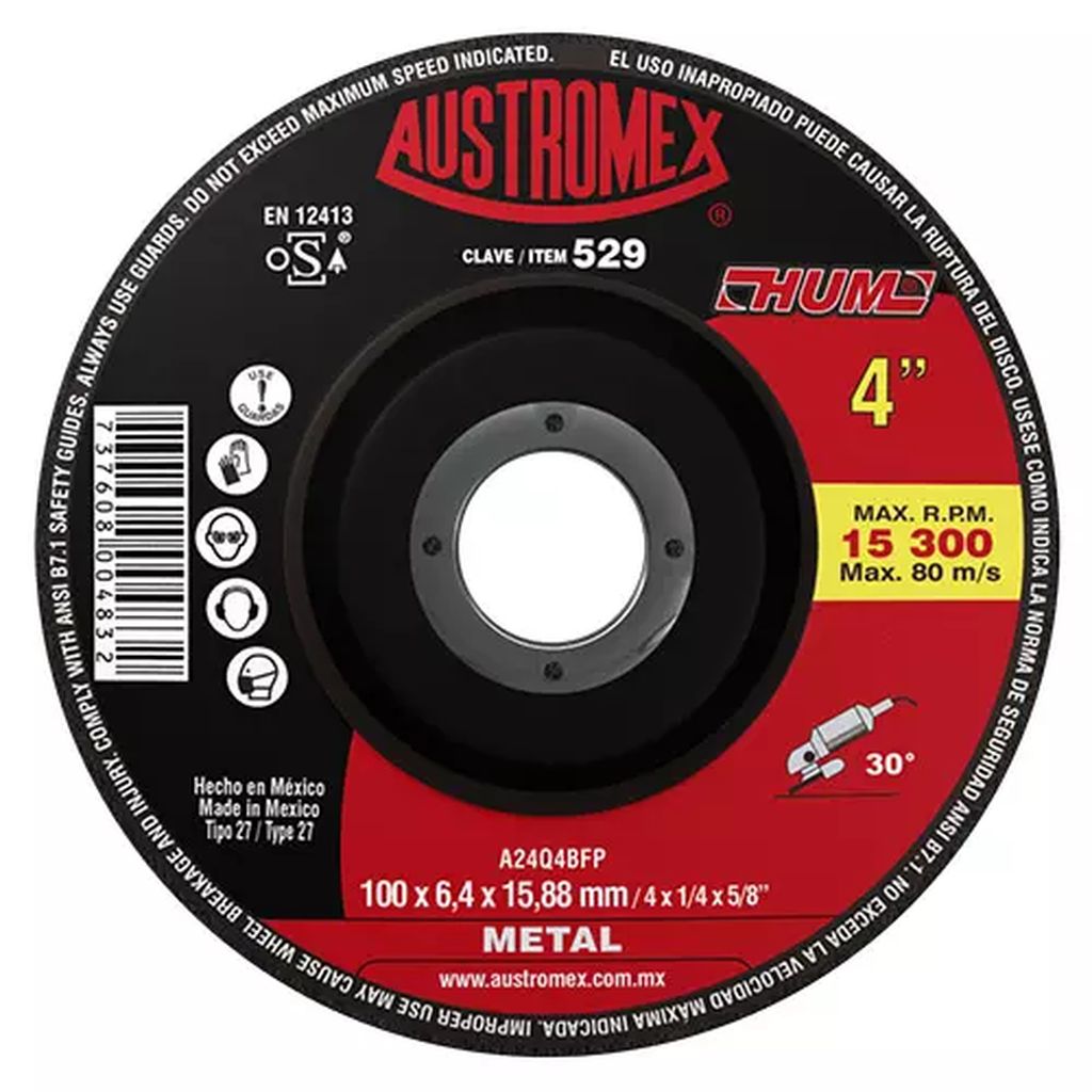 DISCO T-27 4"X1/4"X5/8" PARA DESBASTE DE METAL (HUM), AUSTROMEX