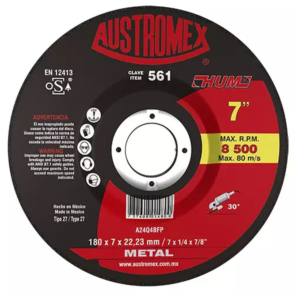 DISCO T-27 7"X1/4"X7/8" PARA DESBASTE DE METAL (HUM), AUSTROMEX