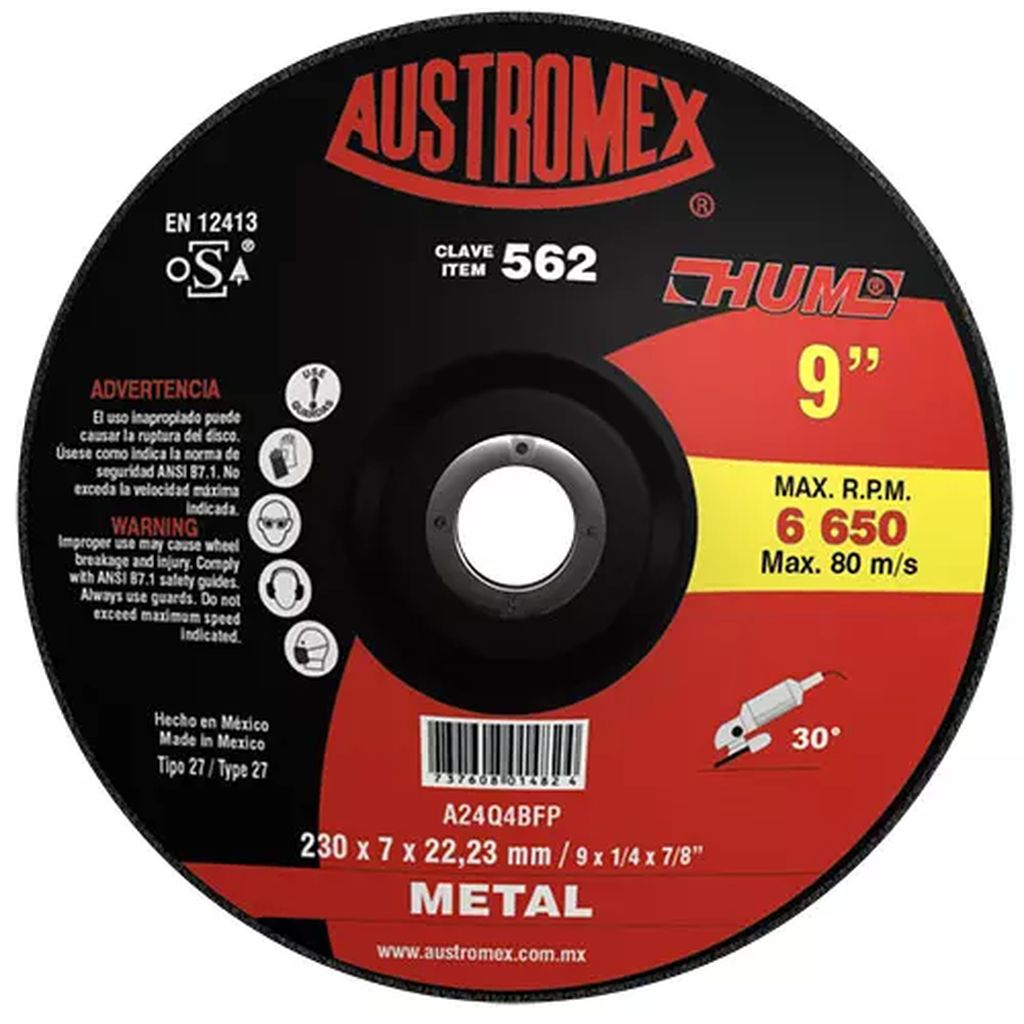 DISCO T-27 9"X1/4"X7/8" PARA DESBASTE DE METAL (HUM), AUSTROMEX
