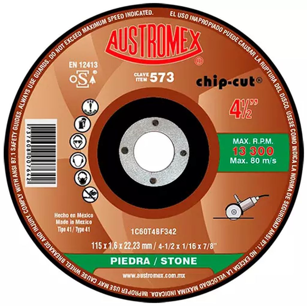 DISCO PARA CORTE DE PIEDRA 4.1/2"X3/64"X7/8" LARGA DURACION (CHIP-CUT), AUSTROMEX