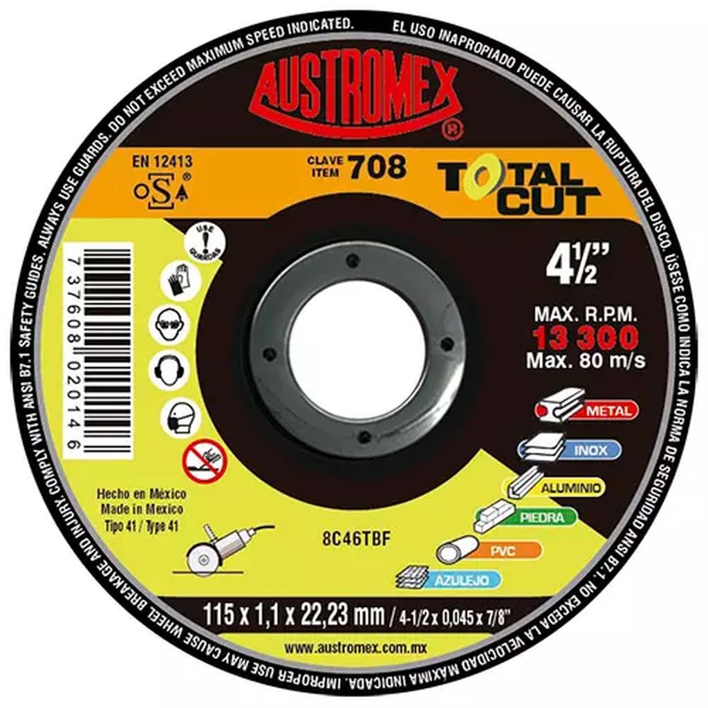 DISCO PARA CORTE MULTIMATERIAL 4.1/2"X1.1MMX7/8" SUPER DELGADO USO GENERAL (TOTAL CUT), AUSTROMEX