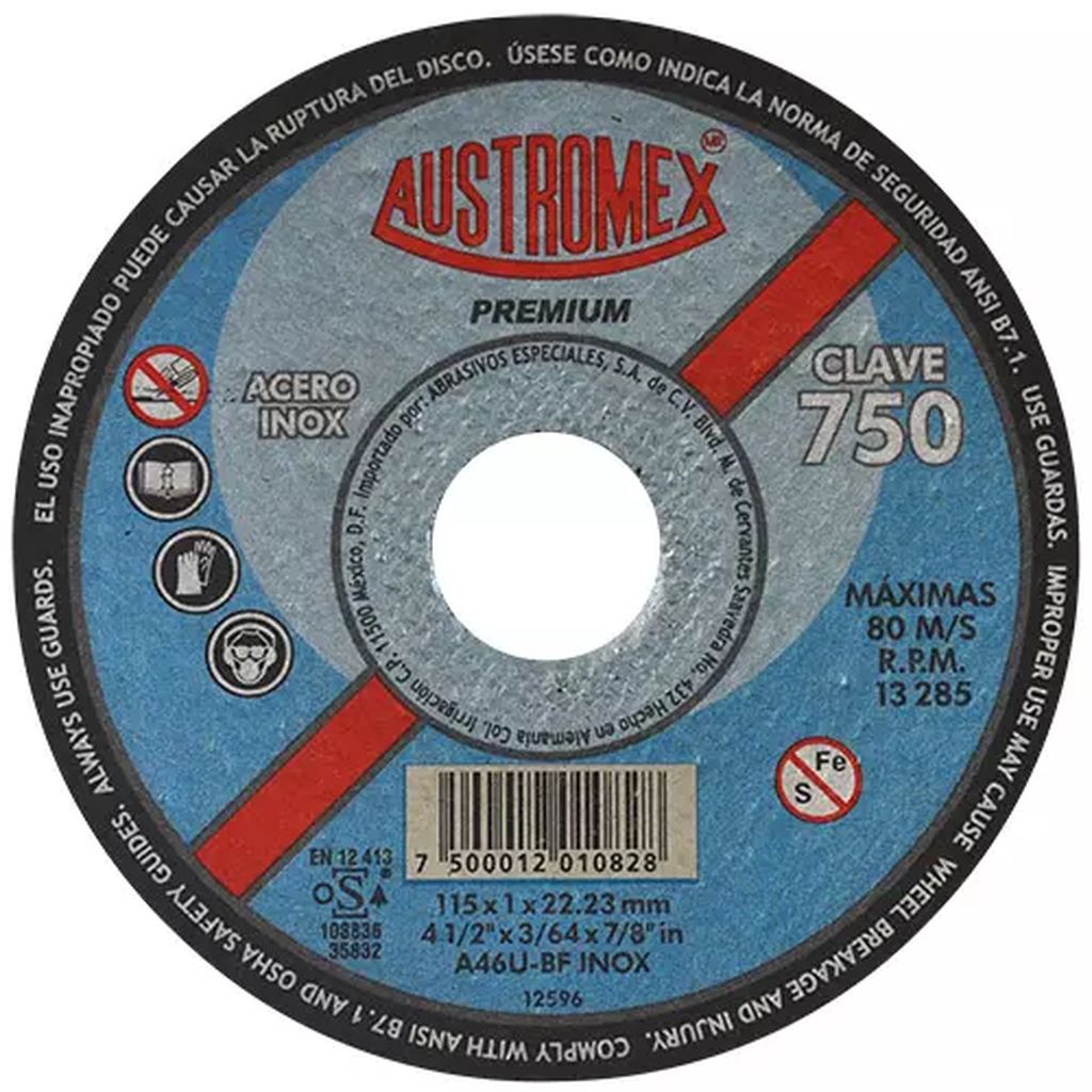 DISCO PARA CORTE DE ACERO INOXIDABLE 4.1/2"X1MMX7/8" SUPER DELGADO (PREMIUM), AUSTROMEX