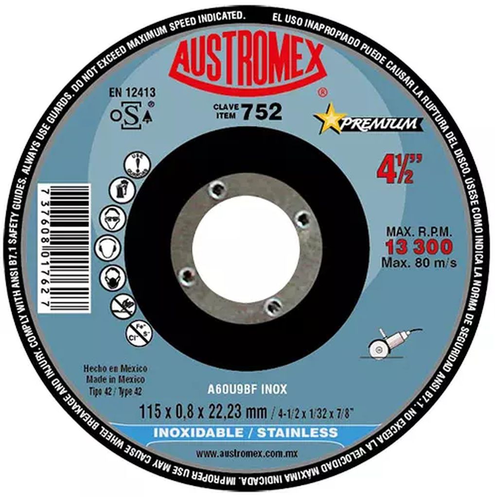 DISCO T-27 4.1/2"X1/32"X7/8" PARA CORTE DE ACERO INOX.  TRIPLE MALLA DE F.V., AUSTROMEX