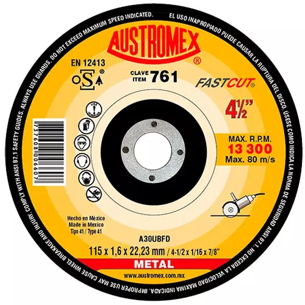 DISCO PARA CORTE DE METAL 4.1/2"X1/16"X7/8" LARGA DURACION (FASTCUT), AUSTROMEX