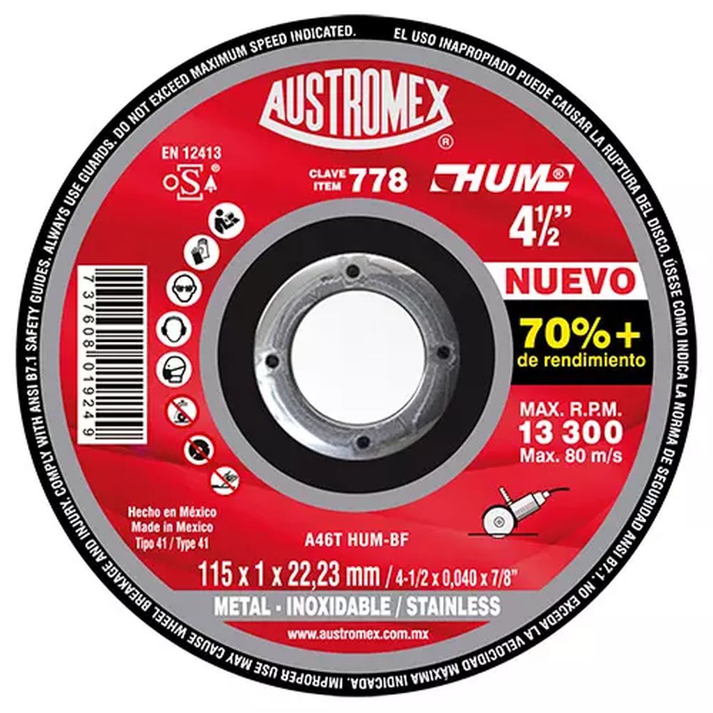 DISCO PARA CORTE DE METAL 4.1/2"X3/64"X7/8" SUPER DELGADO (HUM), AUSTROMEX