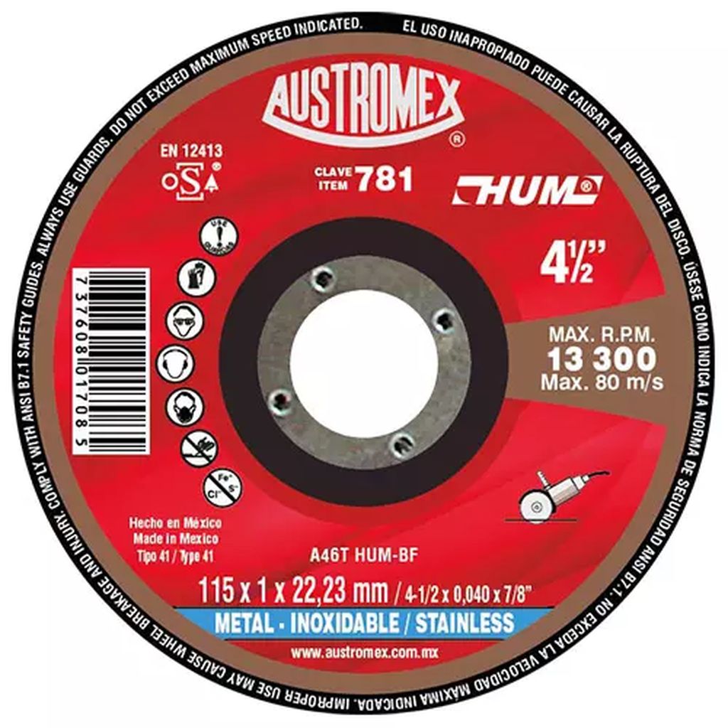 DISCO PARA CORTE DE METAL 4.1/2"X3/64"X7/8" (HUM), AUSTROMEX